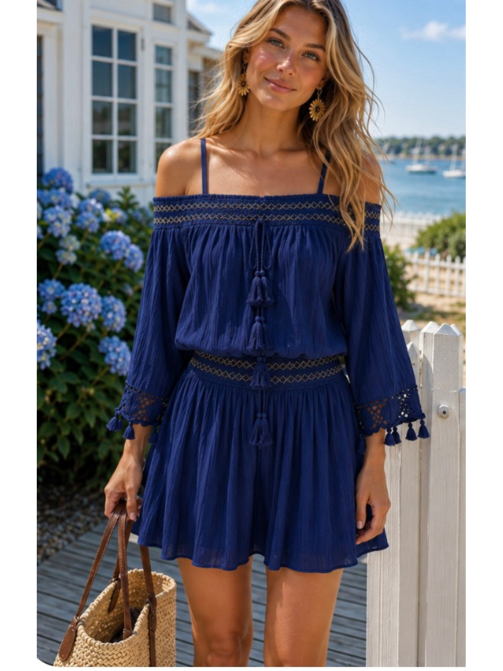 New Lilly Pulitzer Navy Gold Off-Shoulder Mini Dress M Tassles